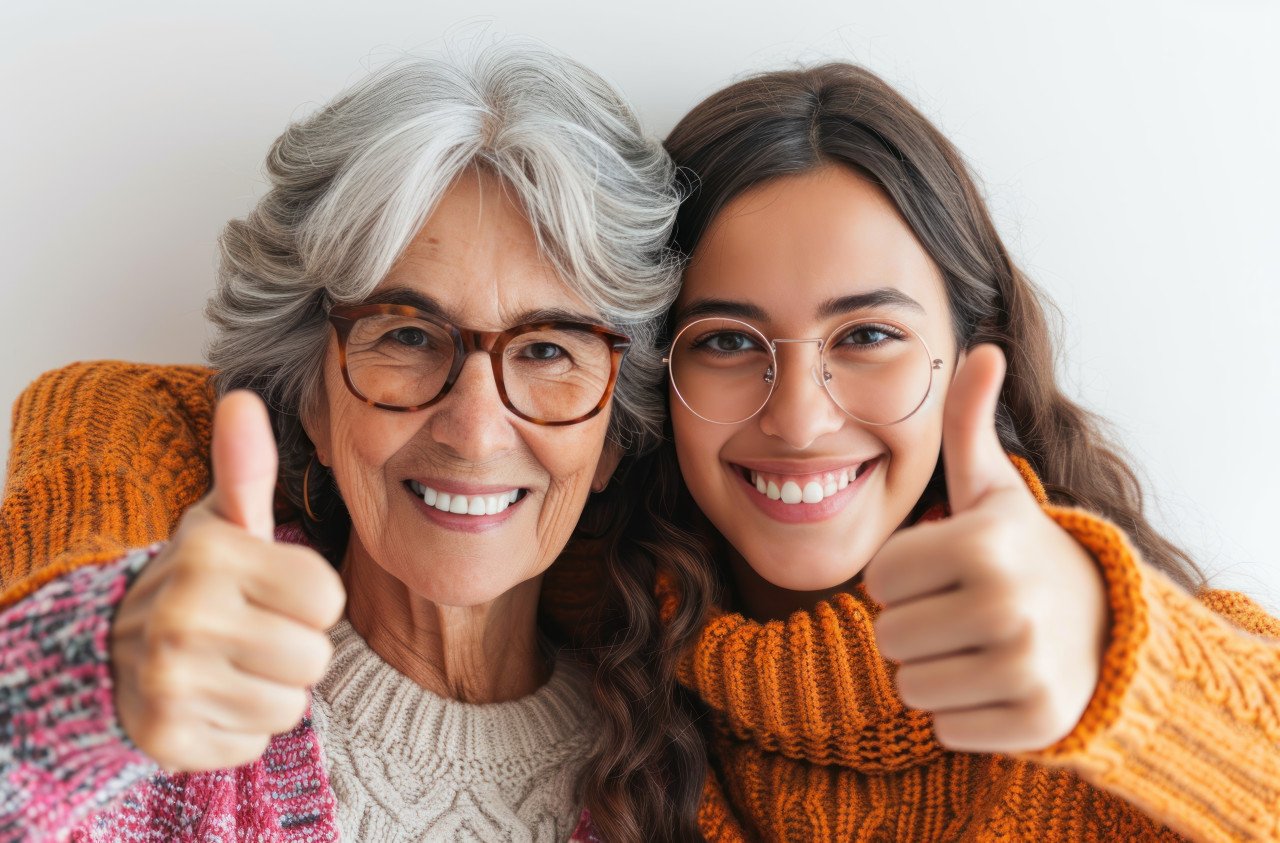 Two joyful women showing thumbs up to the camera sharing happiness and approval in a lively and upbeat manner