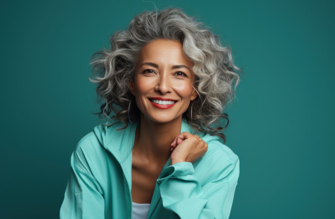 An attractive senior woman in athletic wear striking a pose against a turquoise backdrop
