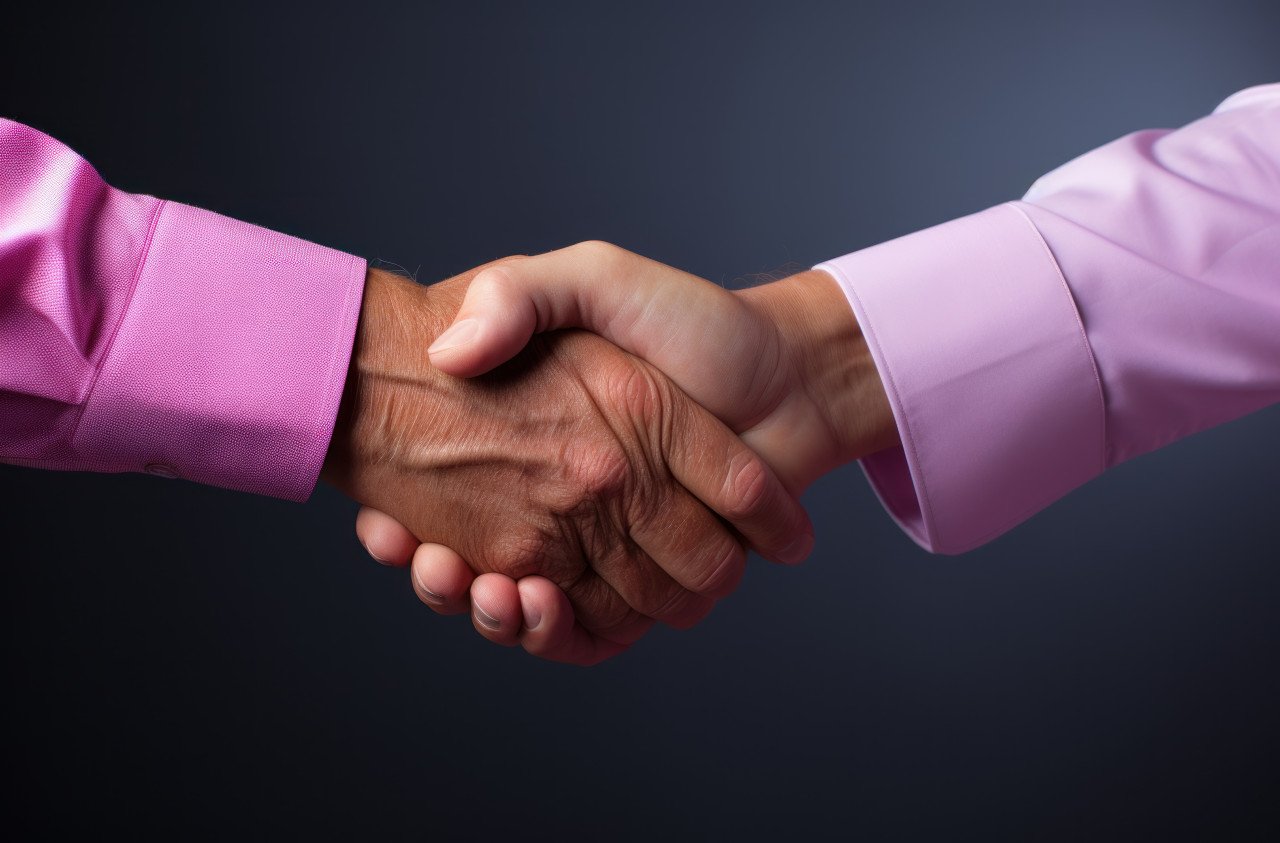 Confident senior man extending a handshake in a studio