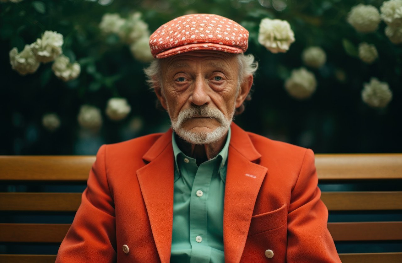 Serene scene as an elderly man finds relaxation on a park bench amidst nature tranquility