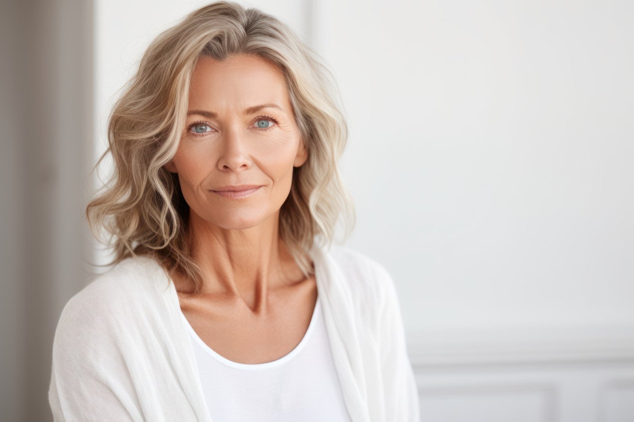 Capturing the poise of a senior woman standing confidently in a room exuding grace and charm
