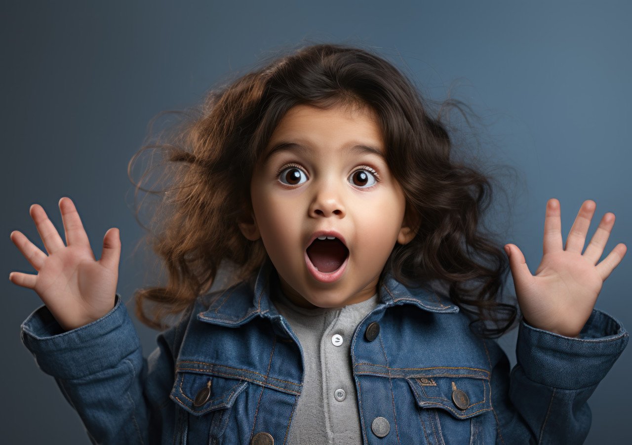 A confident young girl in denim overall with hand casually placed