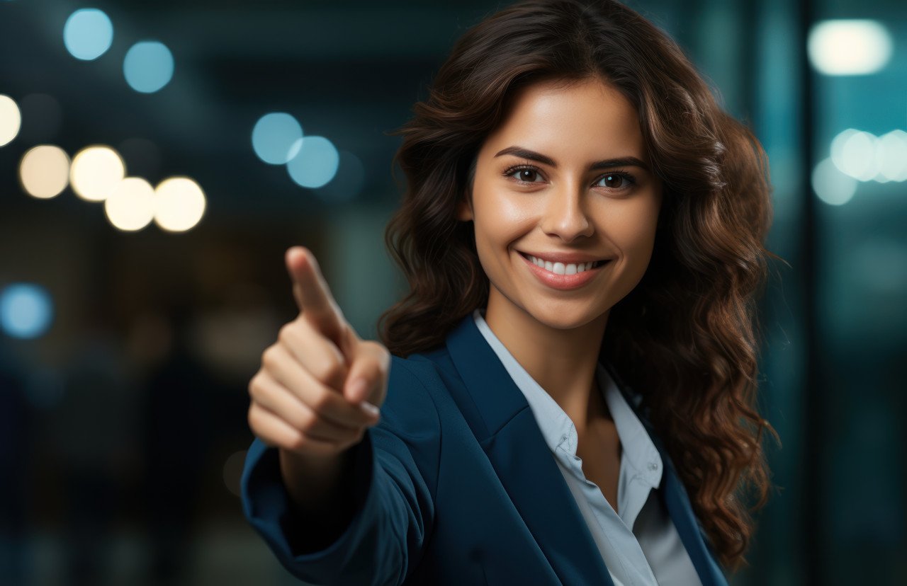 A lady confidently reveals her face emphasizing a point with a direct finger gesture