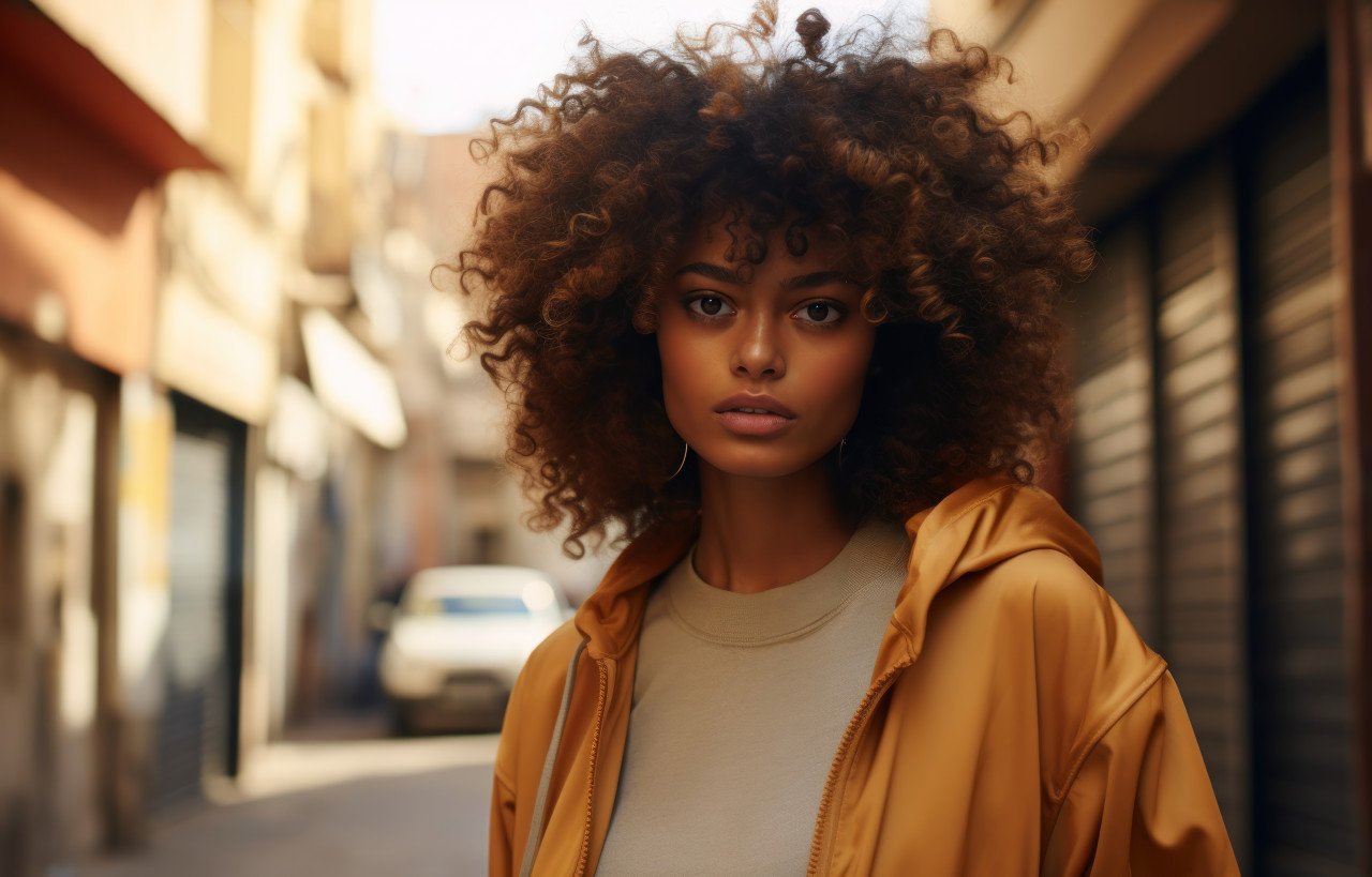 Curly haired woman making eye contact with the camera exuding confidence and warmth