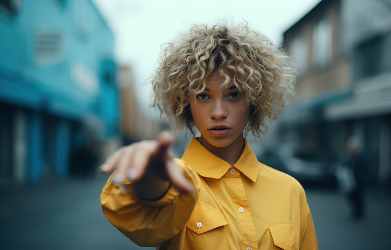 Confident woman pointing directly at the camera while striking a pose on the street