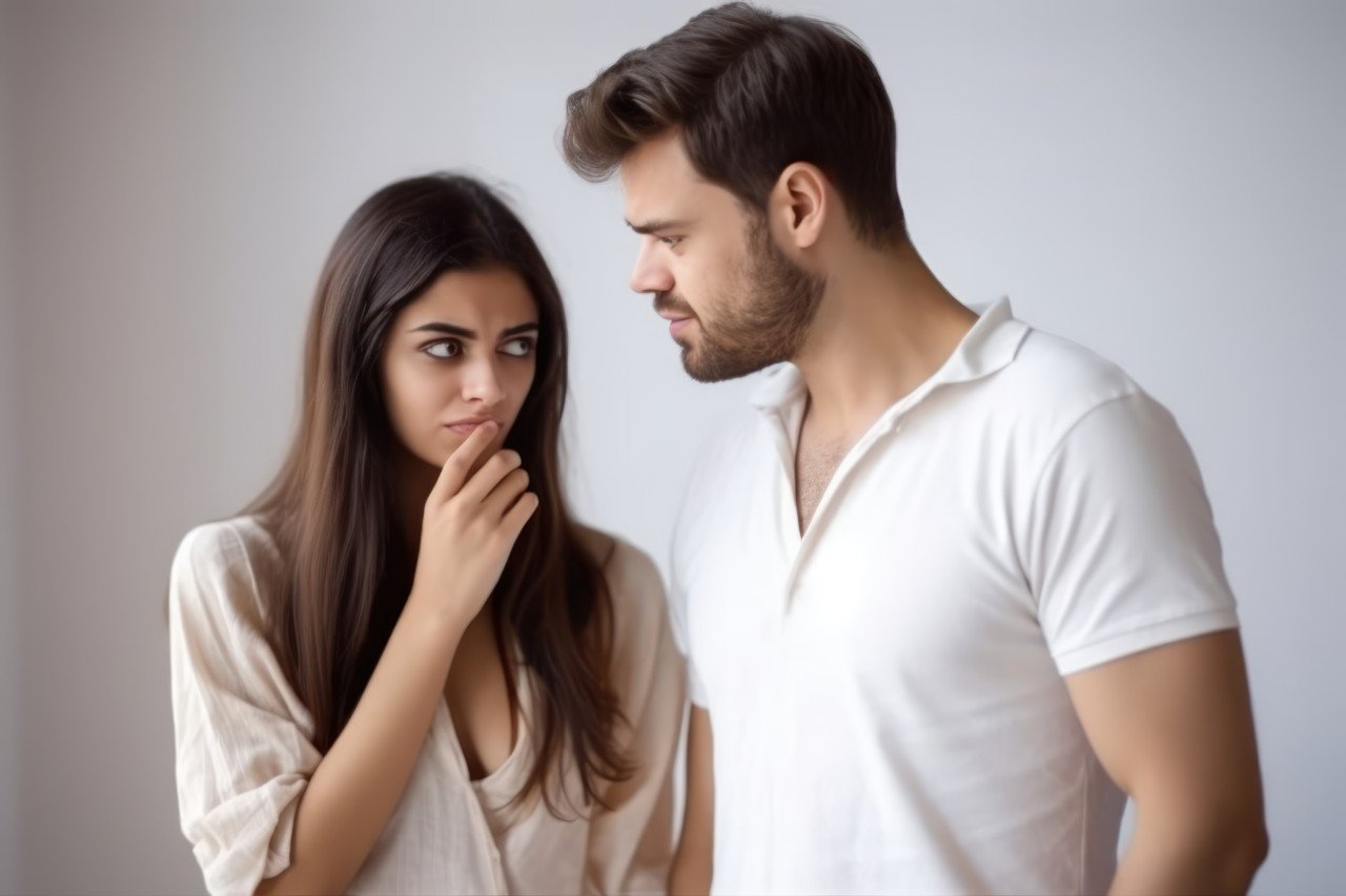 An attractive woman sincerely apologizes to a frustrated man seeking resolution and understanding