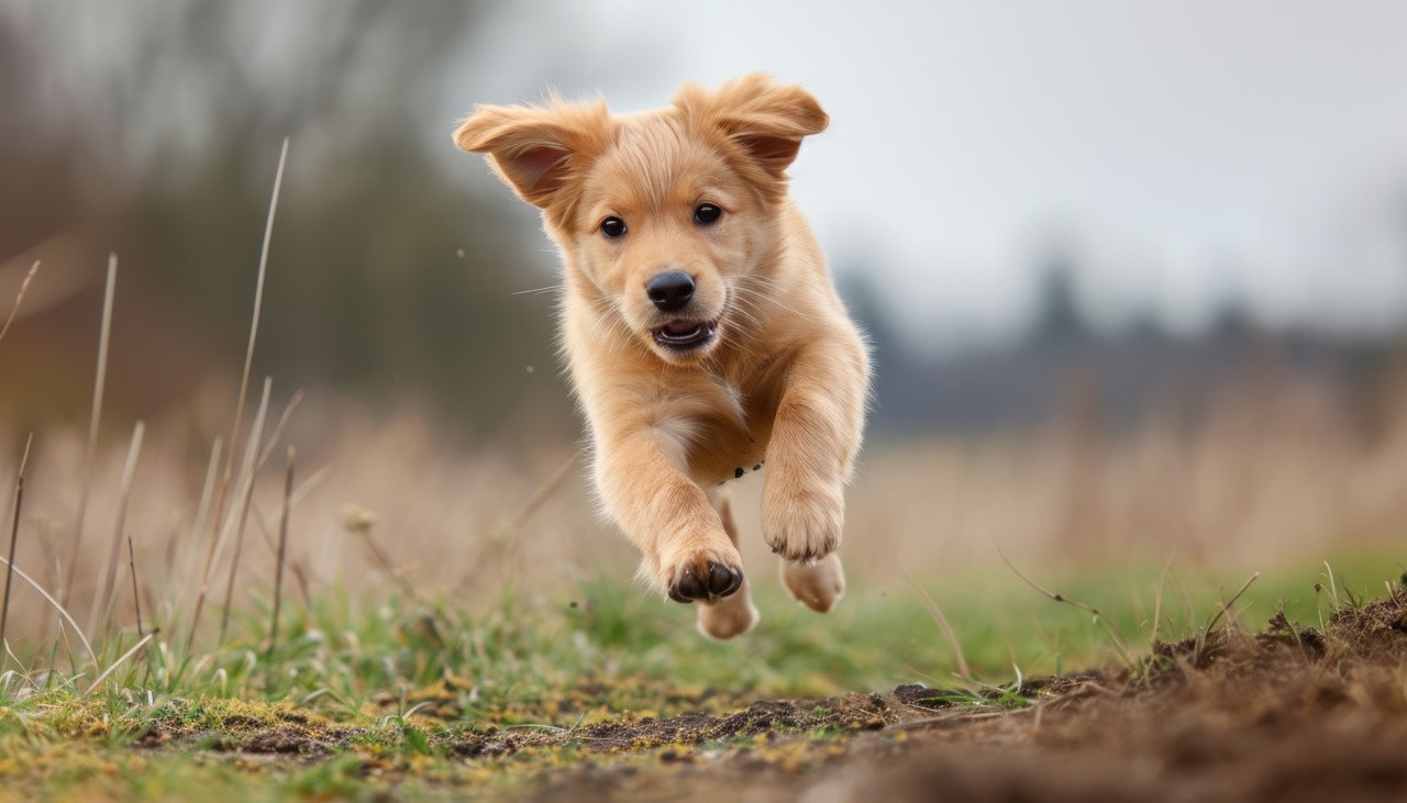 A lively puppy dashes through the picturesque countryside