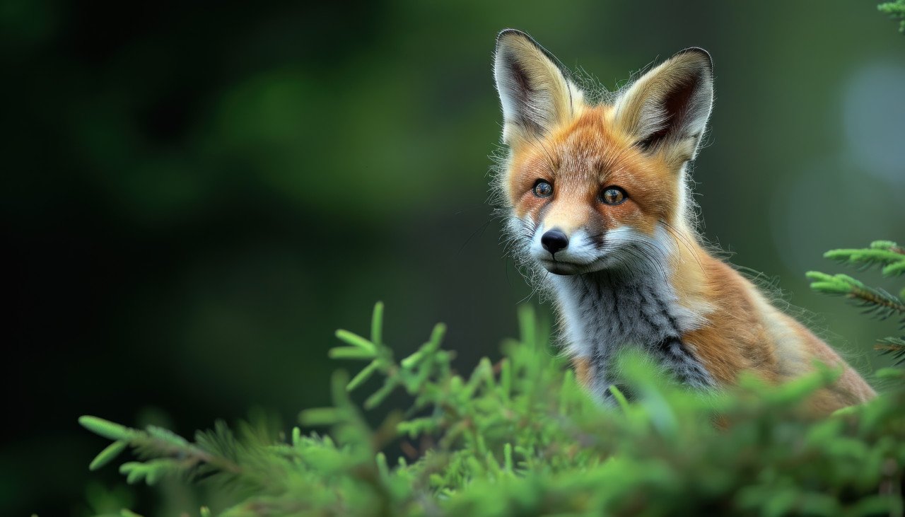 A curious red fox pup exploring the vibrant green forest with playful antics and innocence