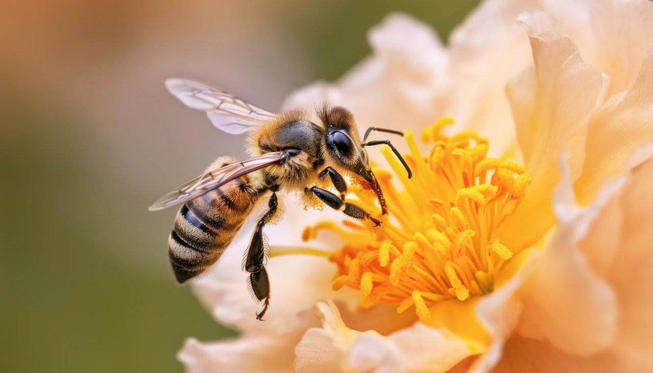Honeybee flies to desert gold peach flower collecting nectar for the hive in a vibrant garden