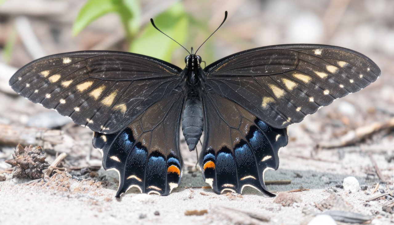 Close up details of spicebush swallowtail butterfly wing scales showcasing intricate patterns and vibrant colors