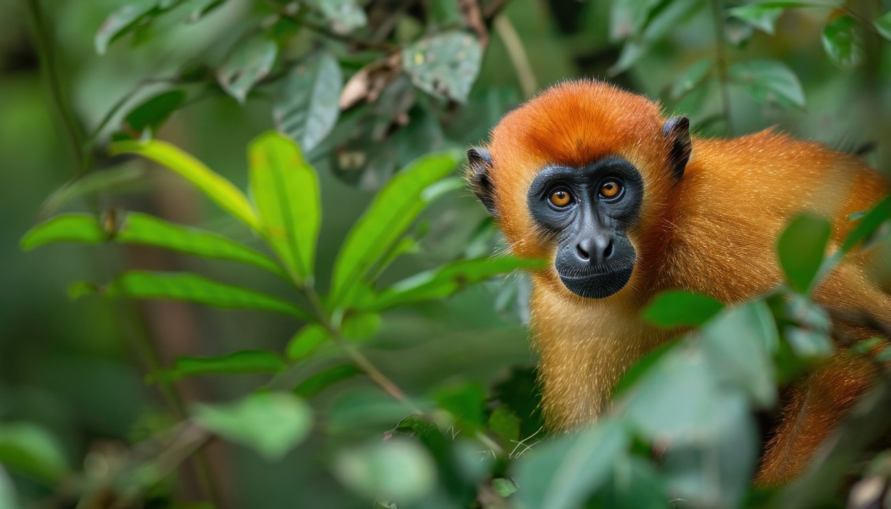 A curious long nose monkey navigating the dense forest