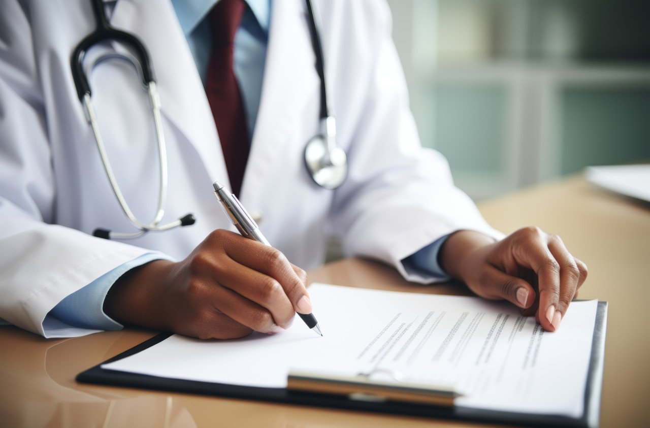 A professional setting of a dedicated female doctor is focused on signing her notes
