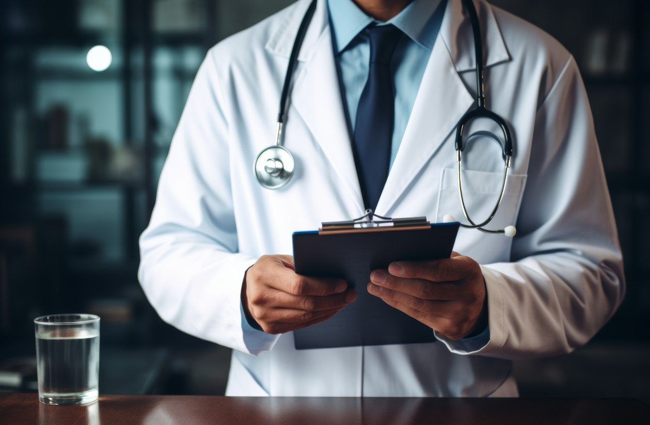 A writer pens prescriptions on a clipboard held by a person