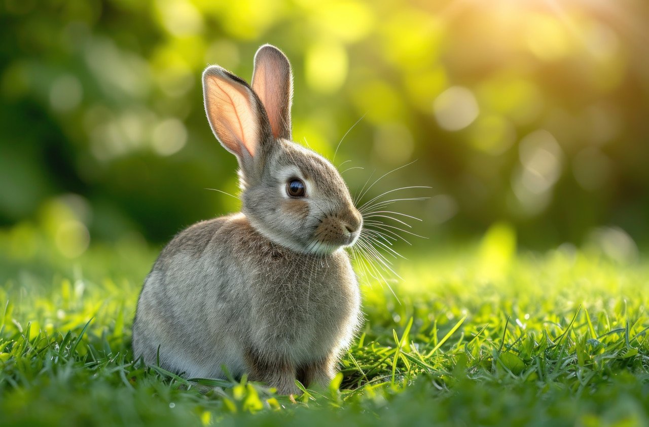 Grey bunny sitting on green grass enjoying a peaceful moment in nature