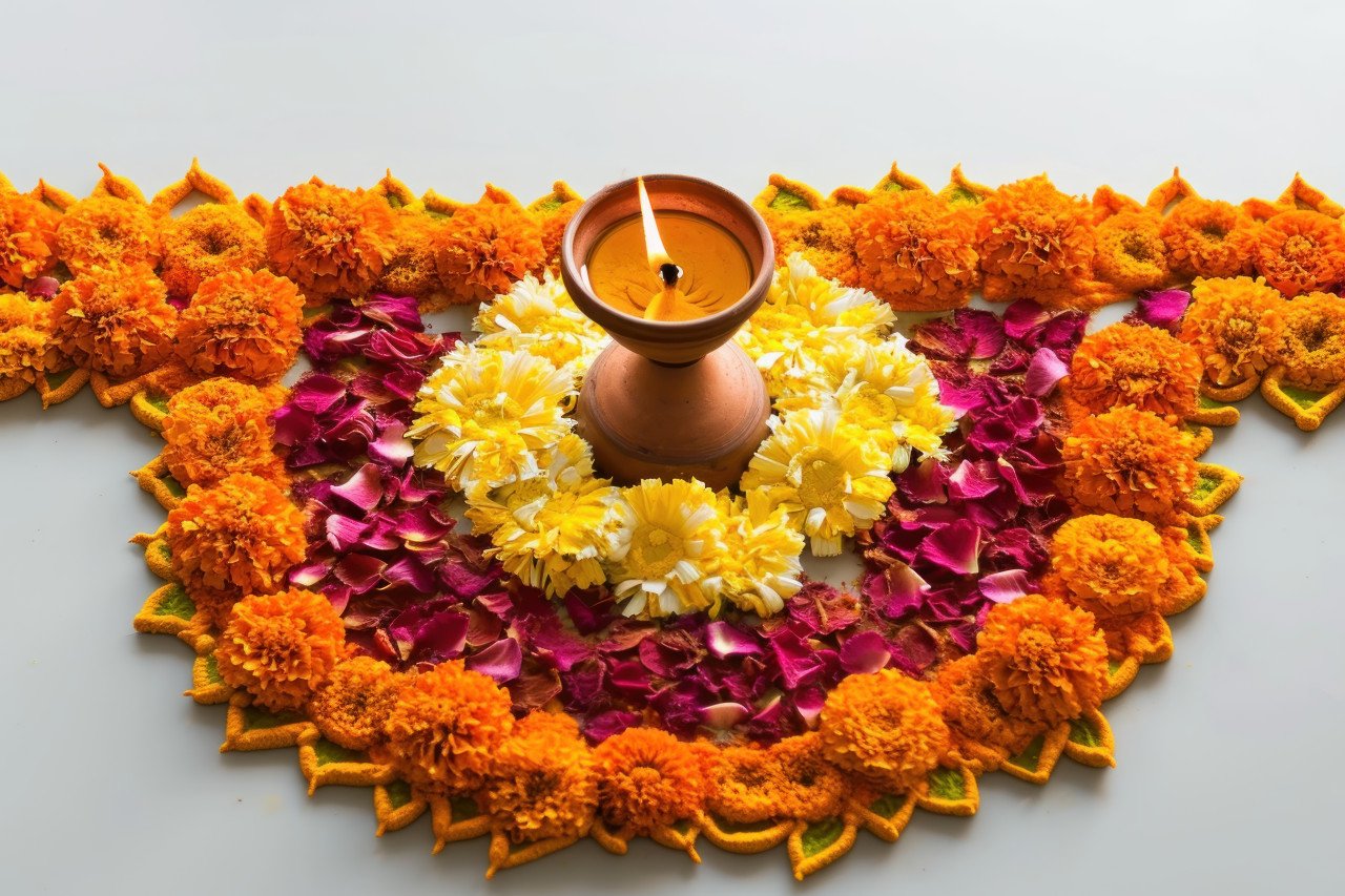 Marigold flower rangoli for gudi padwa pongal with oil lamp on white background