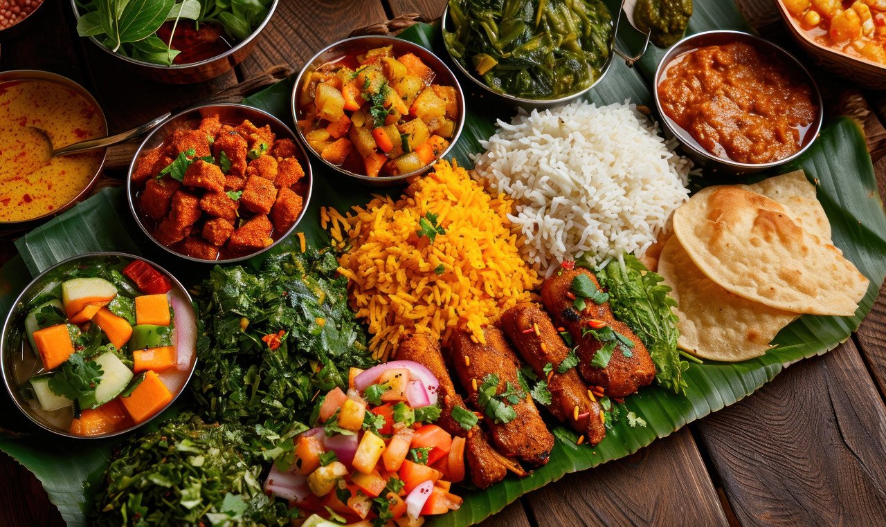 Traditional maharashtrian foods beautifully arranged on a bamboo leaf