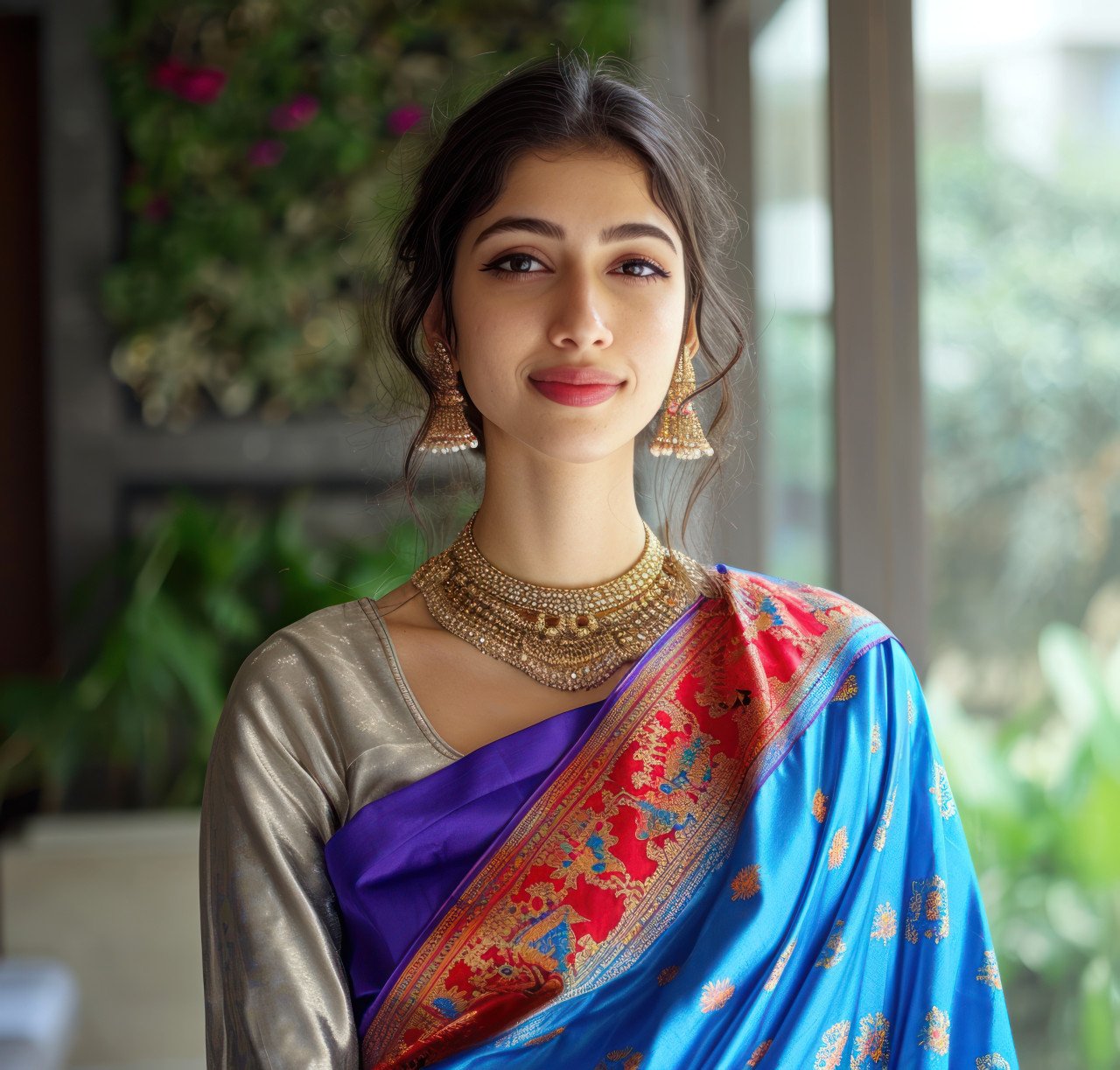 Woman in wearing a colorful marathi sari
