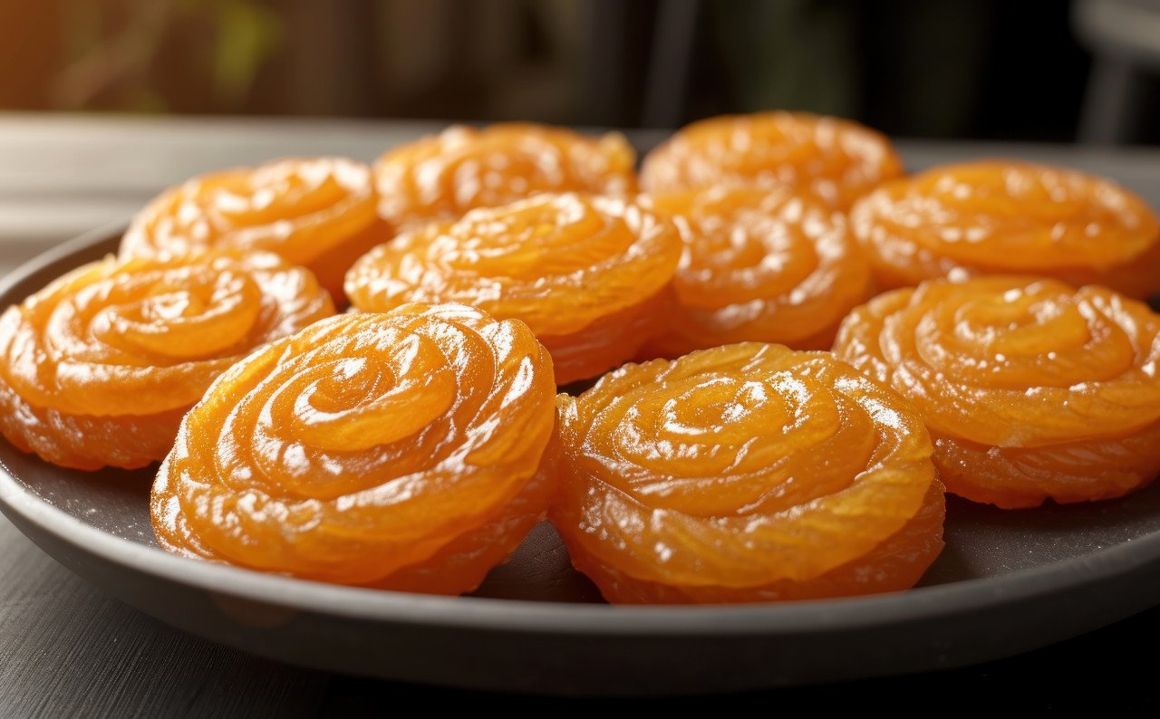 Sweet and spiraled jalebi arranged on a plate