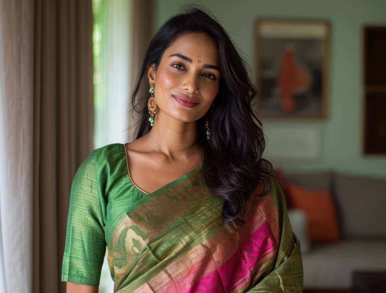 An indian woman in a green marathi saree
