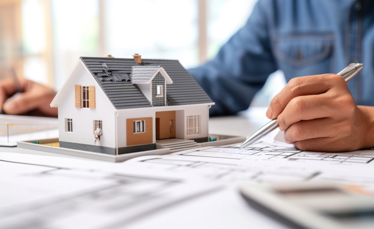 Man signing over house model with pen completing real estate transaction