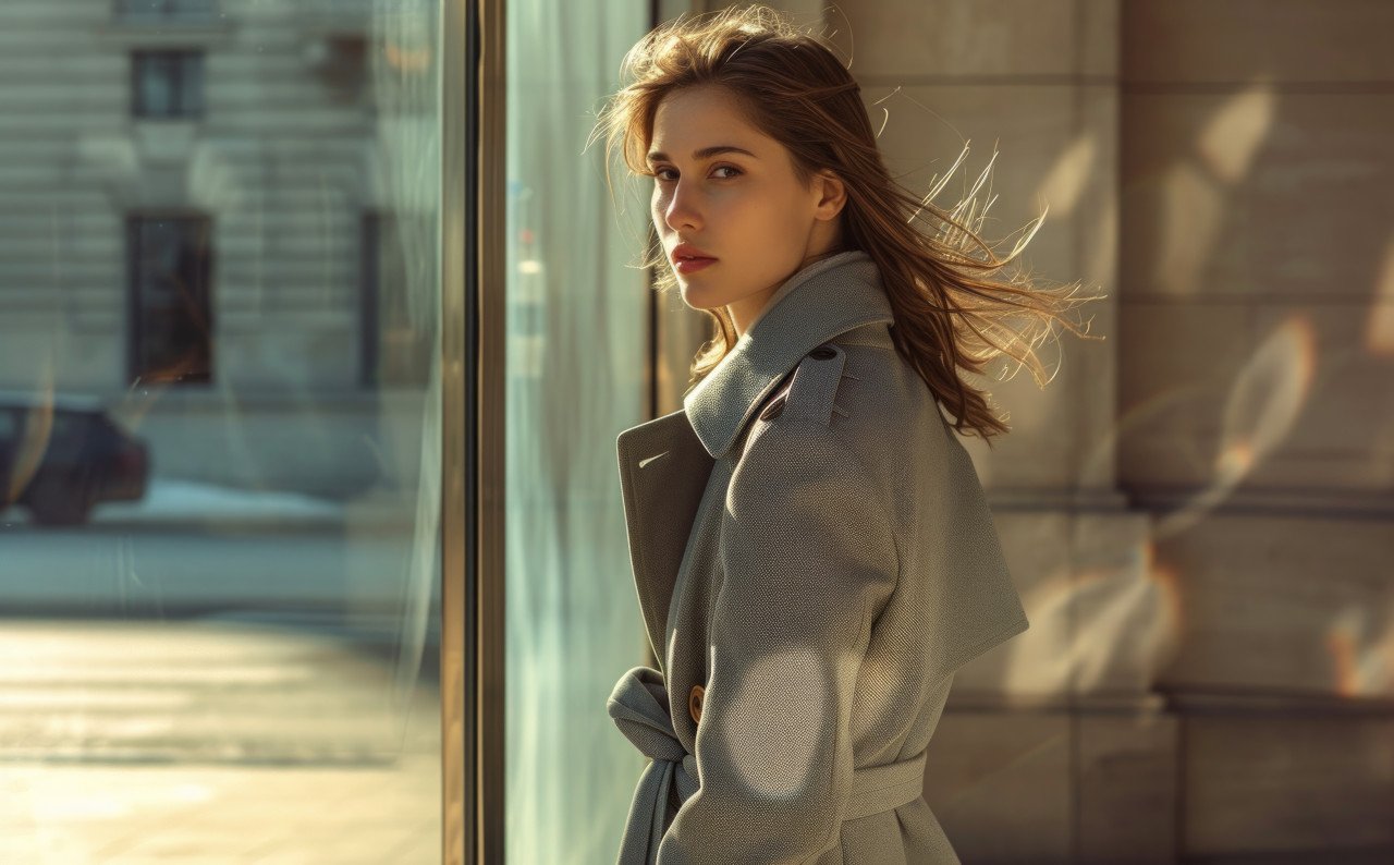 Elegant woman in grey trench coat poses by glass door