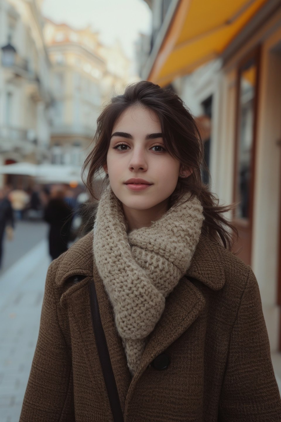 A stylish young woman strolling in a coat on the street
