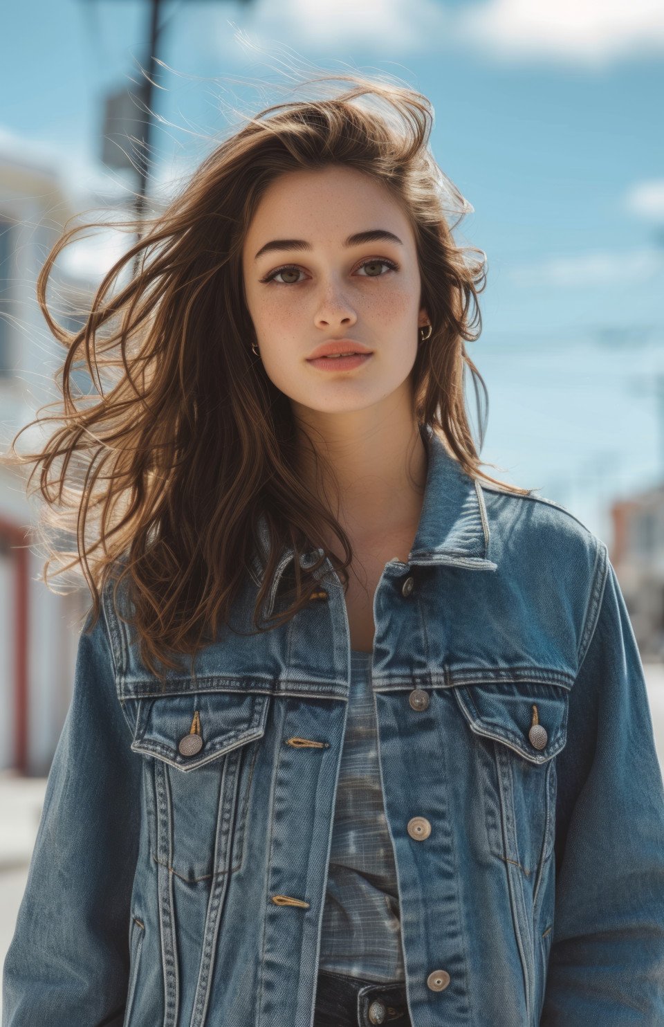 Stylish girl in denim jacket walking through the urban landscape