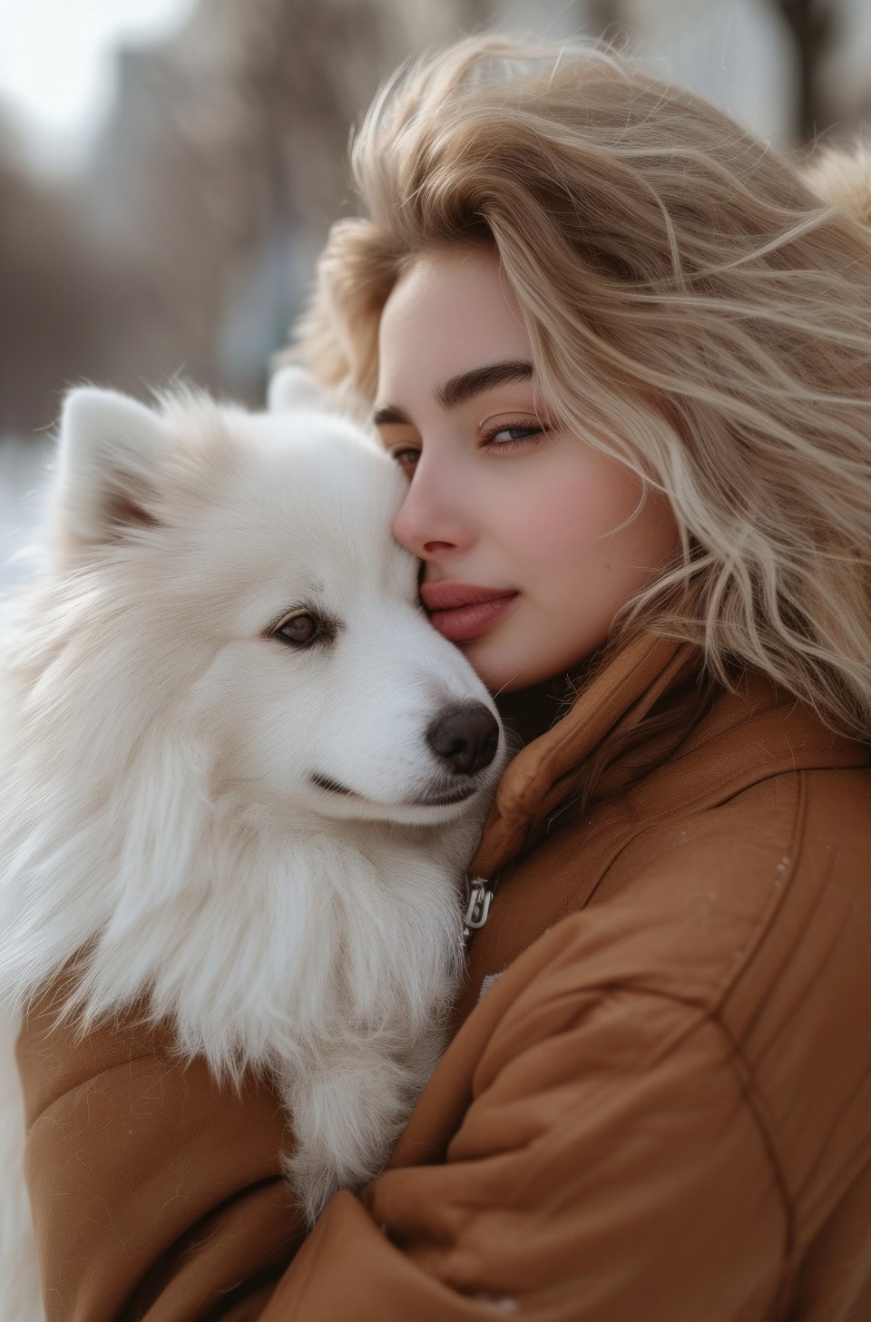 Stylish girl holding white pomeranian in a city setting