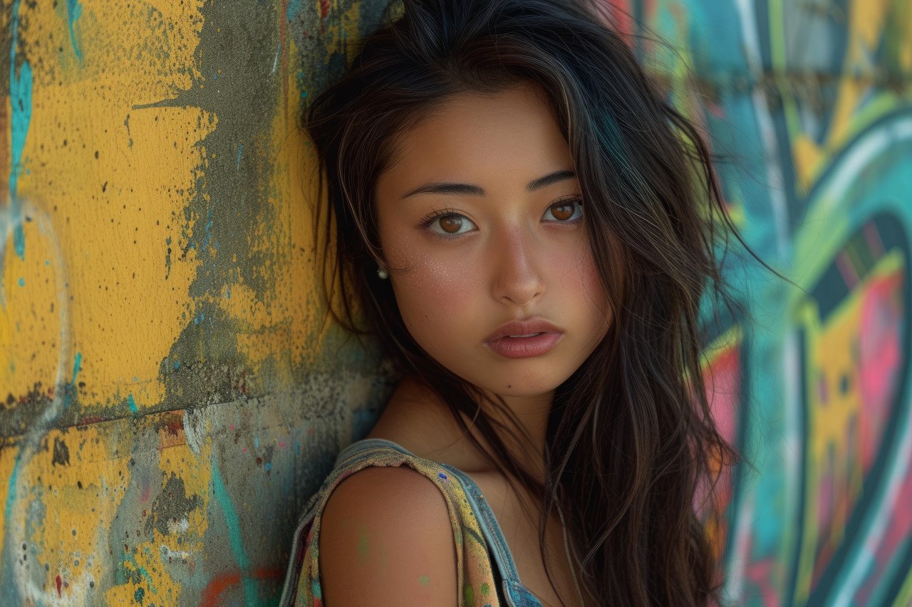 Photo of a woman next to vibrant graffiti art
