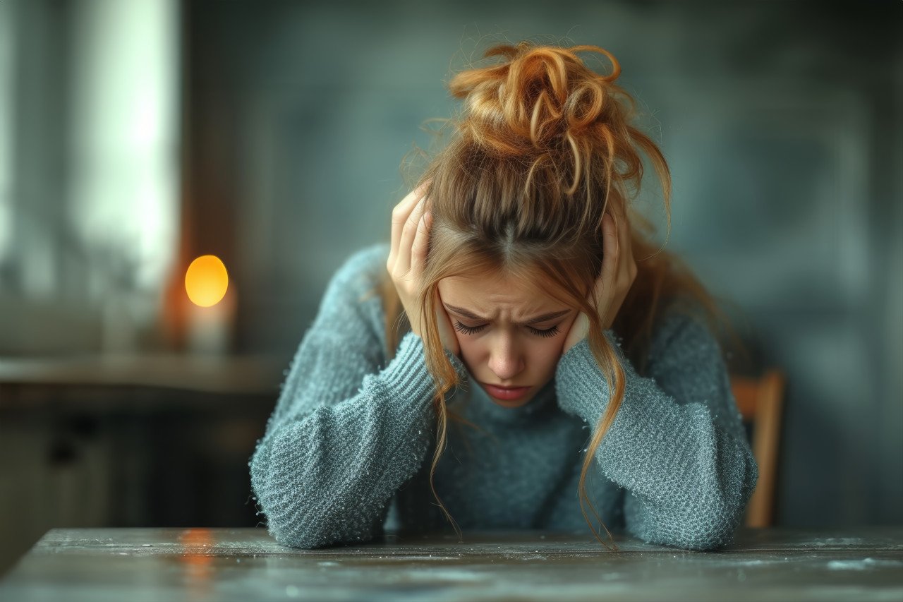 Woman with head in hands sitting at desk expressing stress or despair