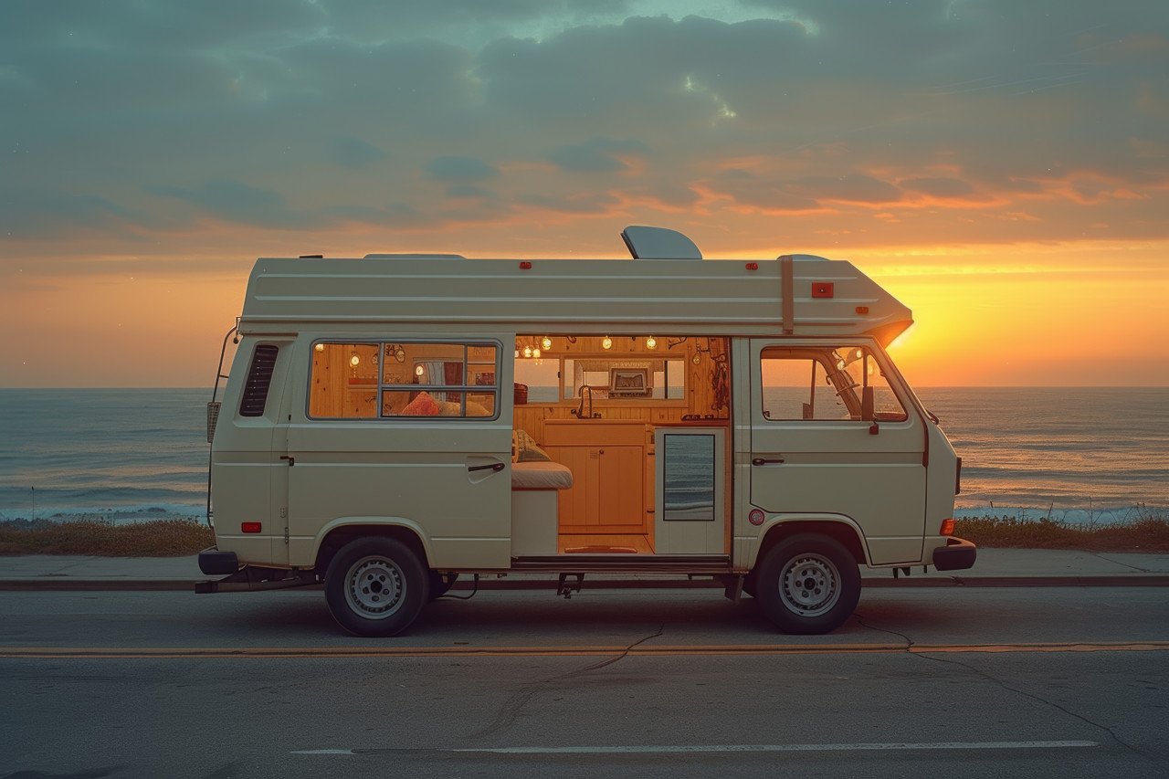Tiny home van parked on the road during a beautiful sunset