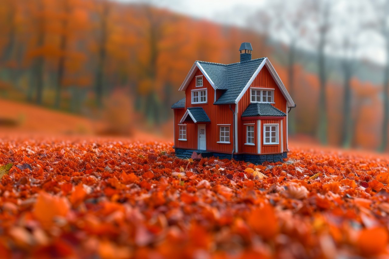 A house standing in the middle of a field surrounded by autumn leaves