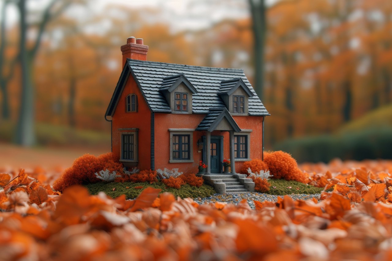 House in field with autumn leaves serene and isolated nature beauty in fall