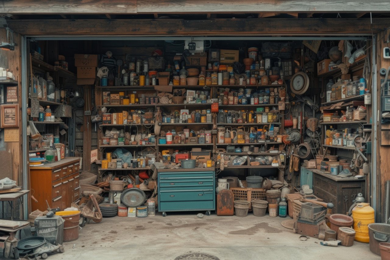 Messy garage with items awaiting organization decluttered interiors in progress