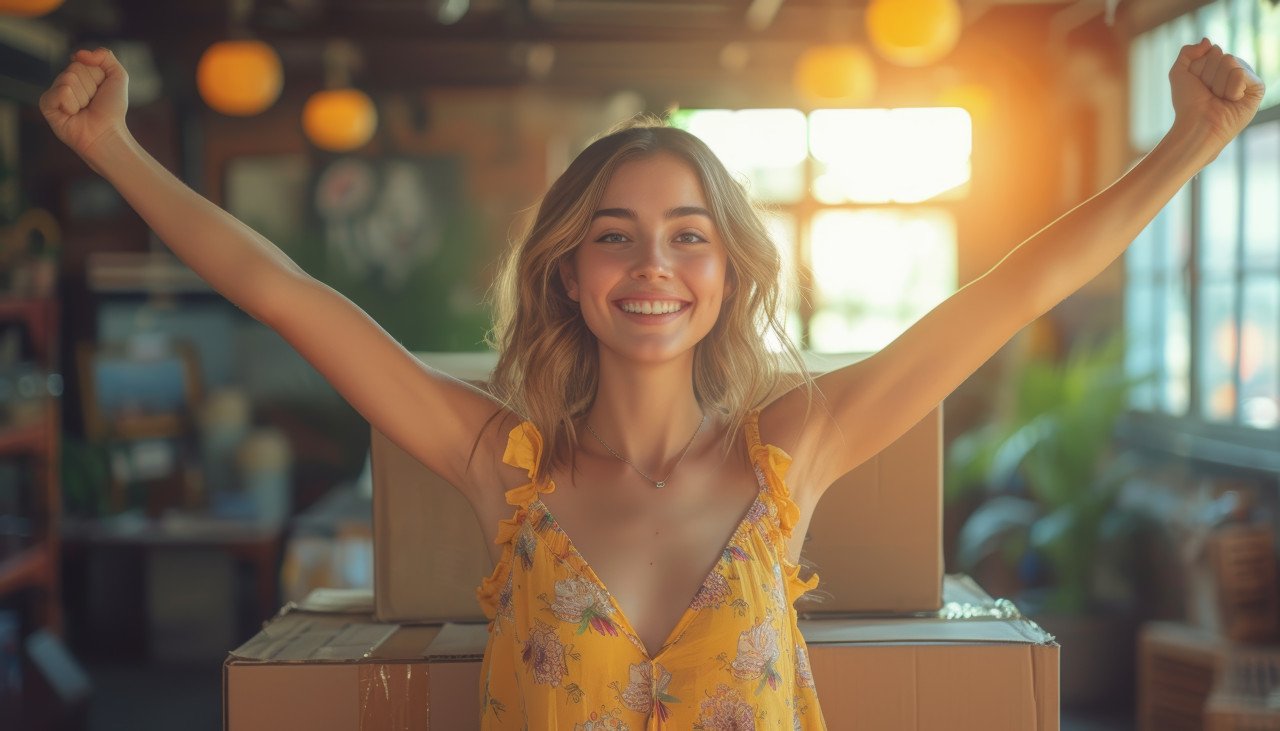 Happy woman with raised arms celebrating while moving surrounded by packing boxes
