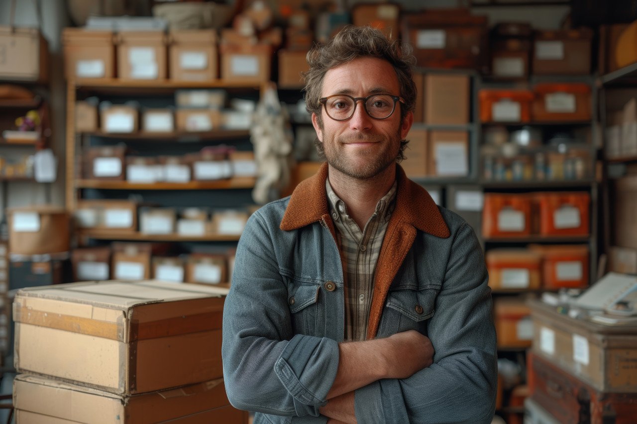 Joyful man posing proudly with boxes in the background