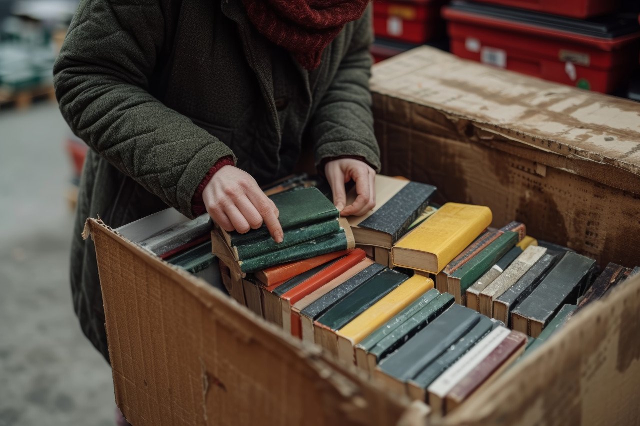 Person placing new books into a cardboard box