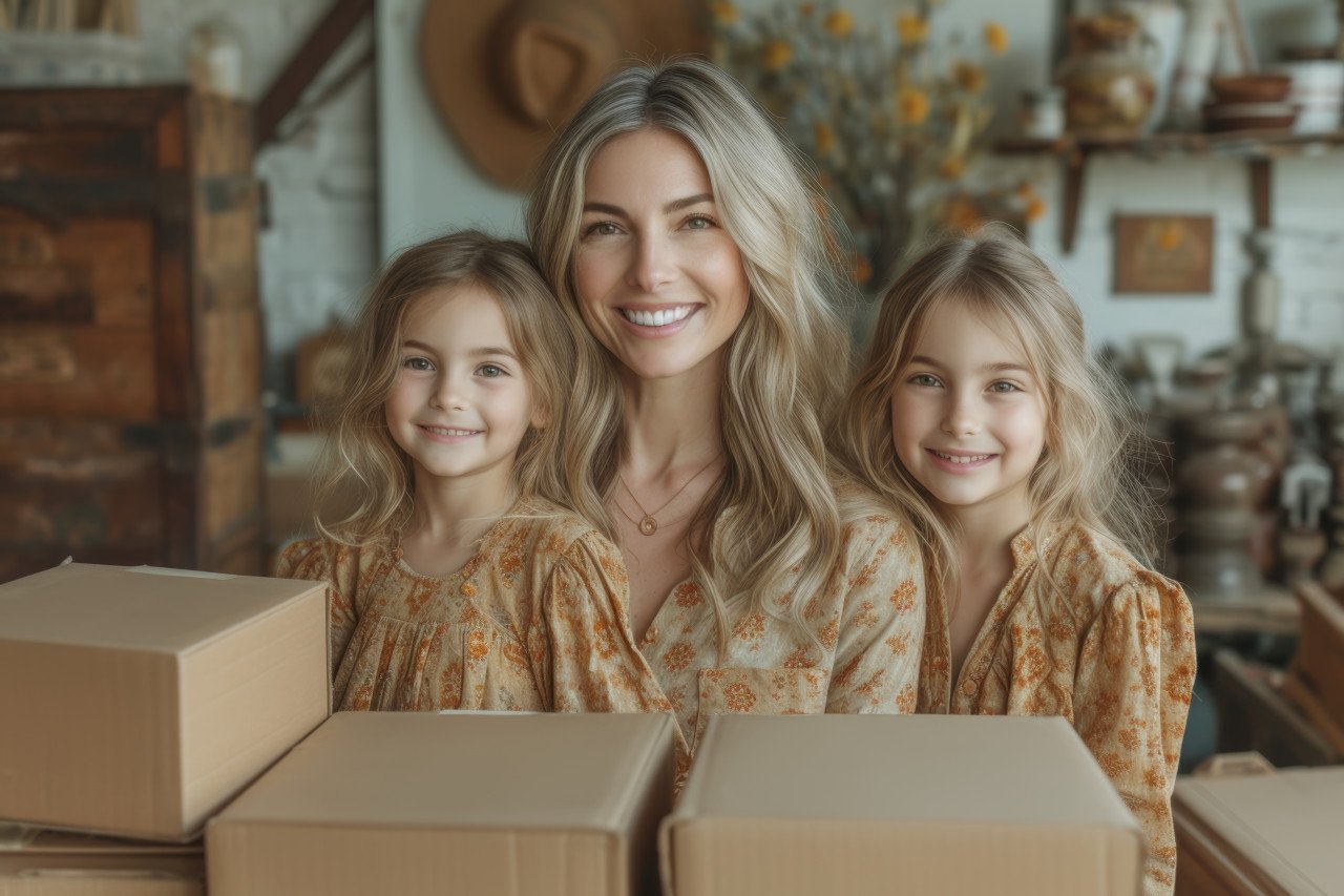 Happy mother and daughters unpacking boxes in the living room creating a warm and joyful atmosphere in their new home