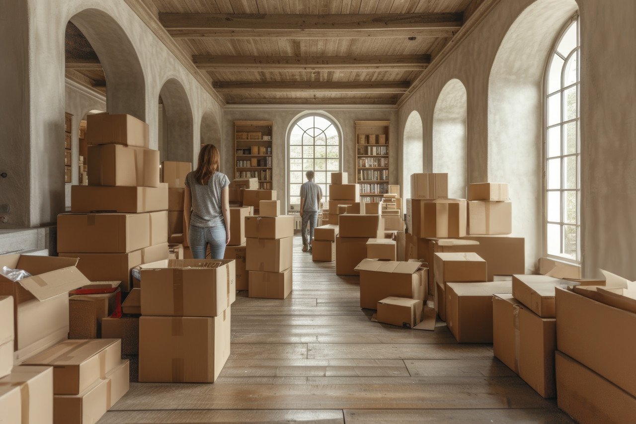 Family moving with boxes packing supplies and materials to their new home