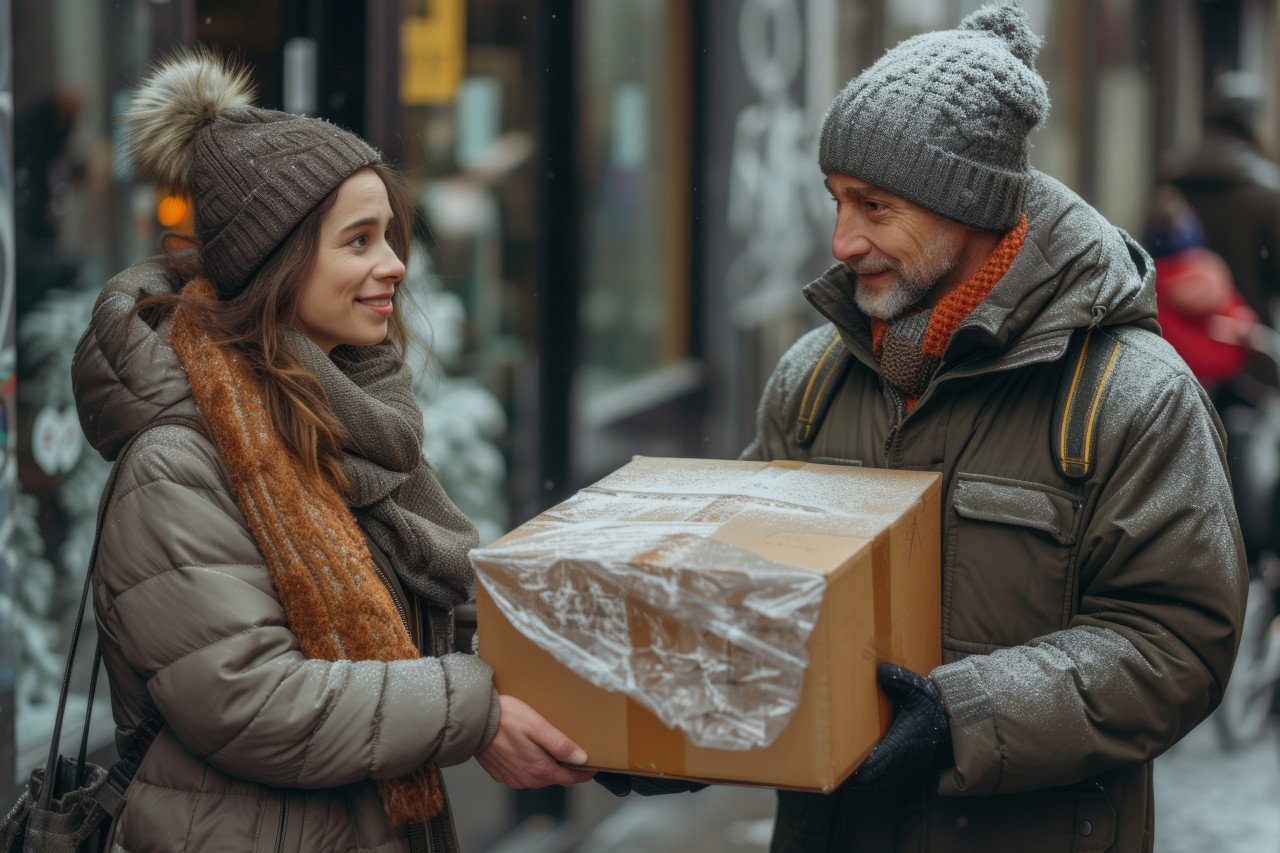 Delivery person hands woman large box completing the delivery with a smile