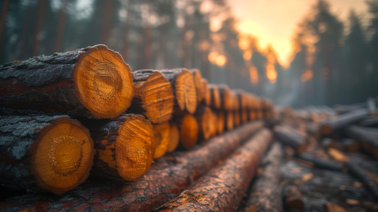 Logs neatly stacked in the forest creating a rustic and serene scene in the woods