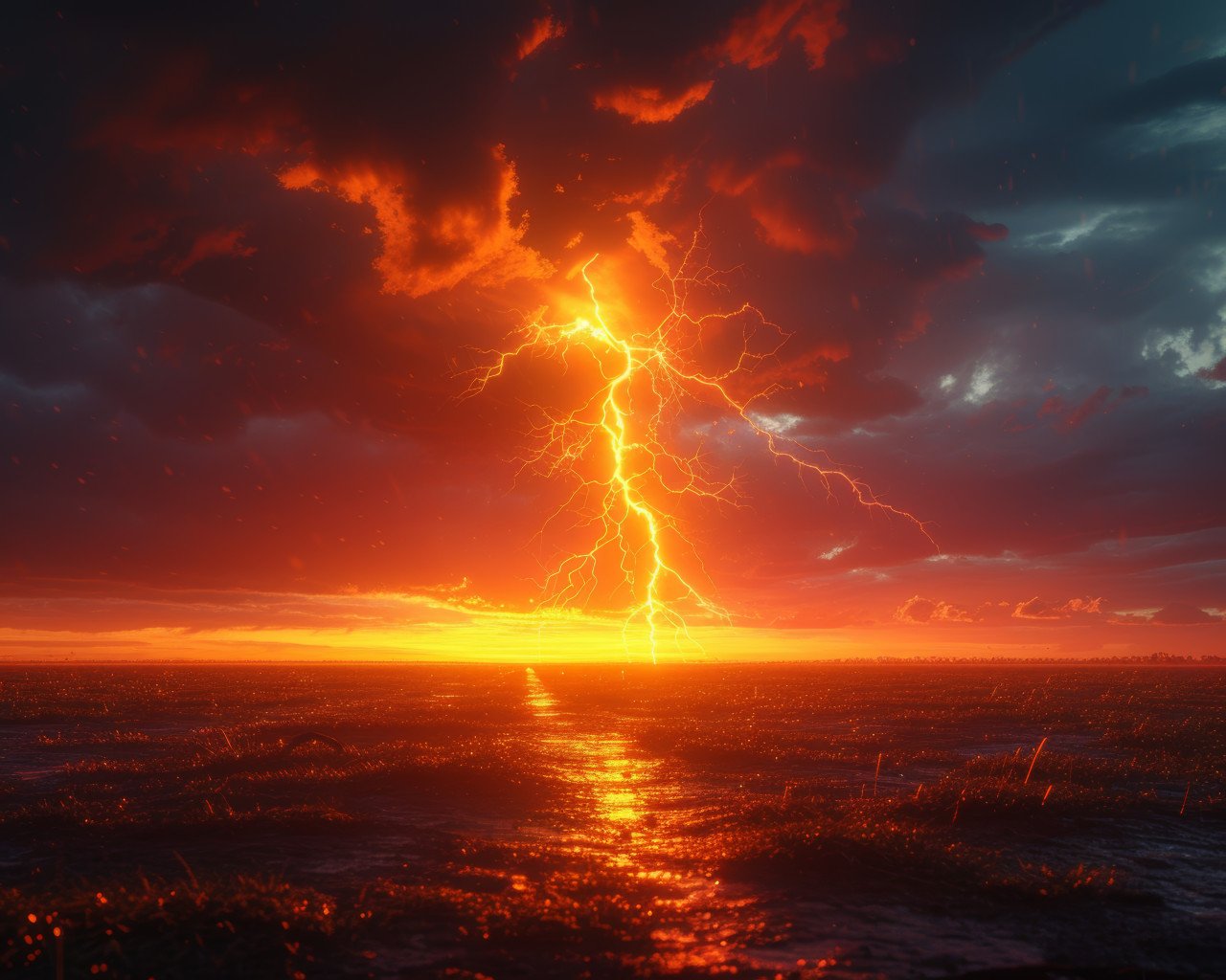 Lightning strikes dramatically at sunset illuminating the dark sky with a powerful burst of energy
