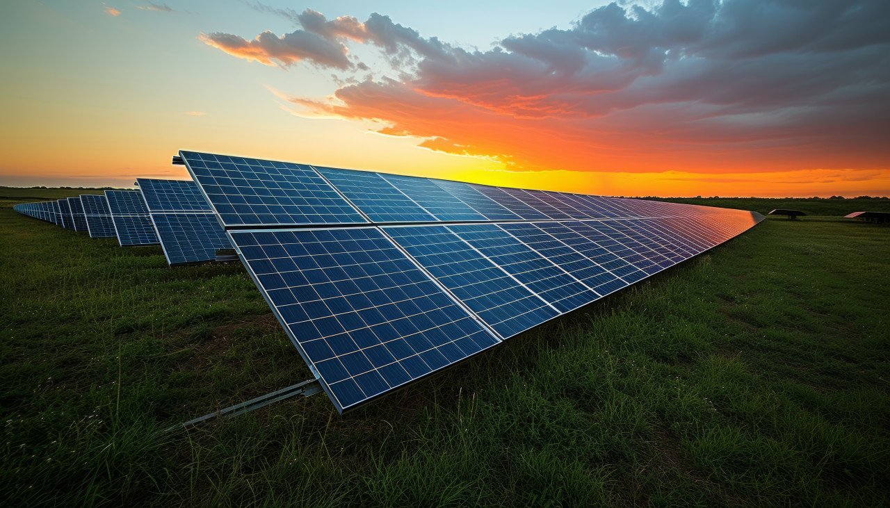 Solar panel displayed at sunset harnessing renewable energy from the sun glow