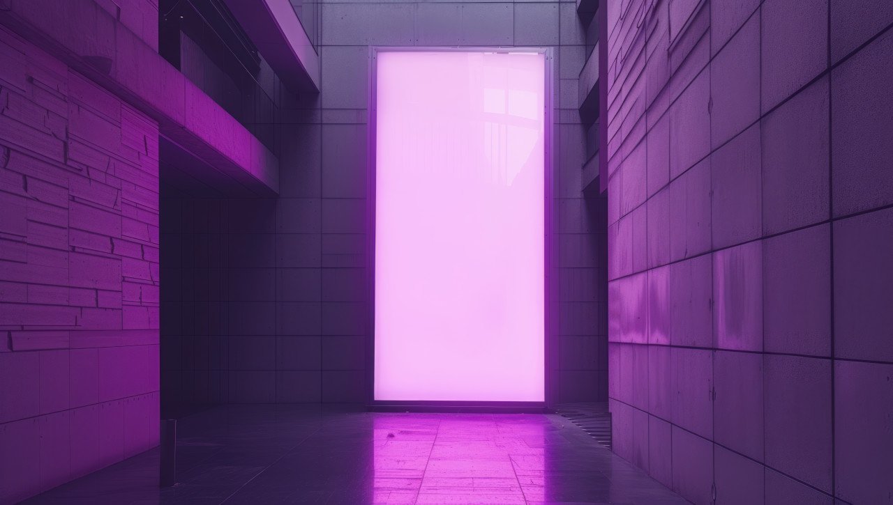 A grey building hosts an billboard