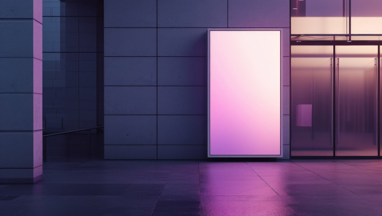 A prominent billboard provides prime advertising space in a grey building