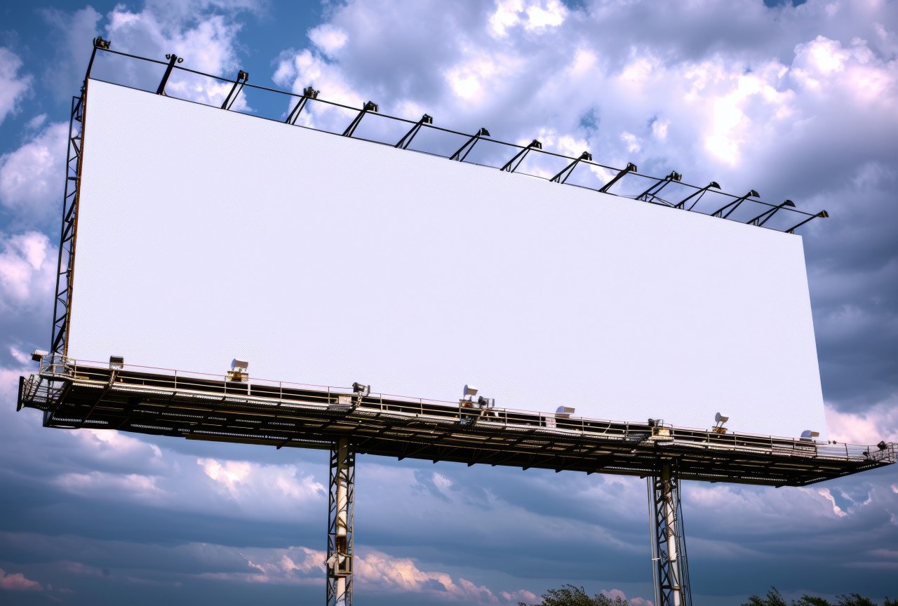 Blank poster stands tall against the vivid blue sky offering a perfect canvas for your message or advertisement