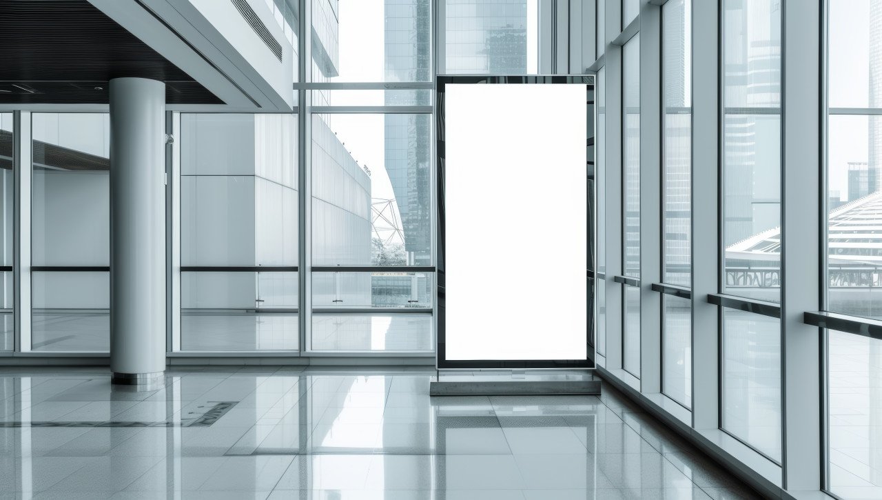 Inside an office building a tall billboard in the lobby with large glass windows