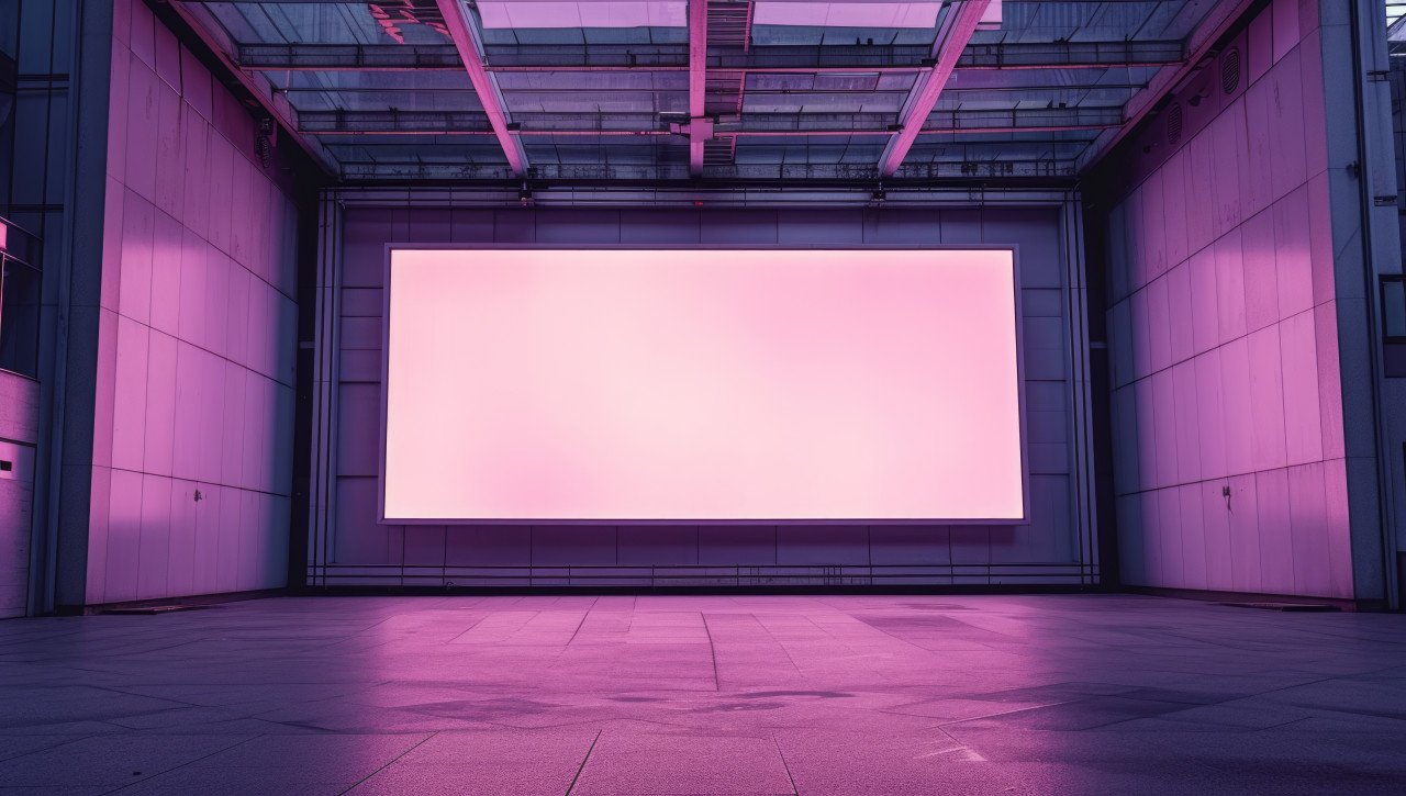 Tall billboard stands in a grey building