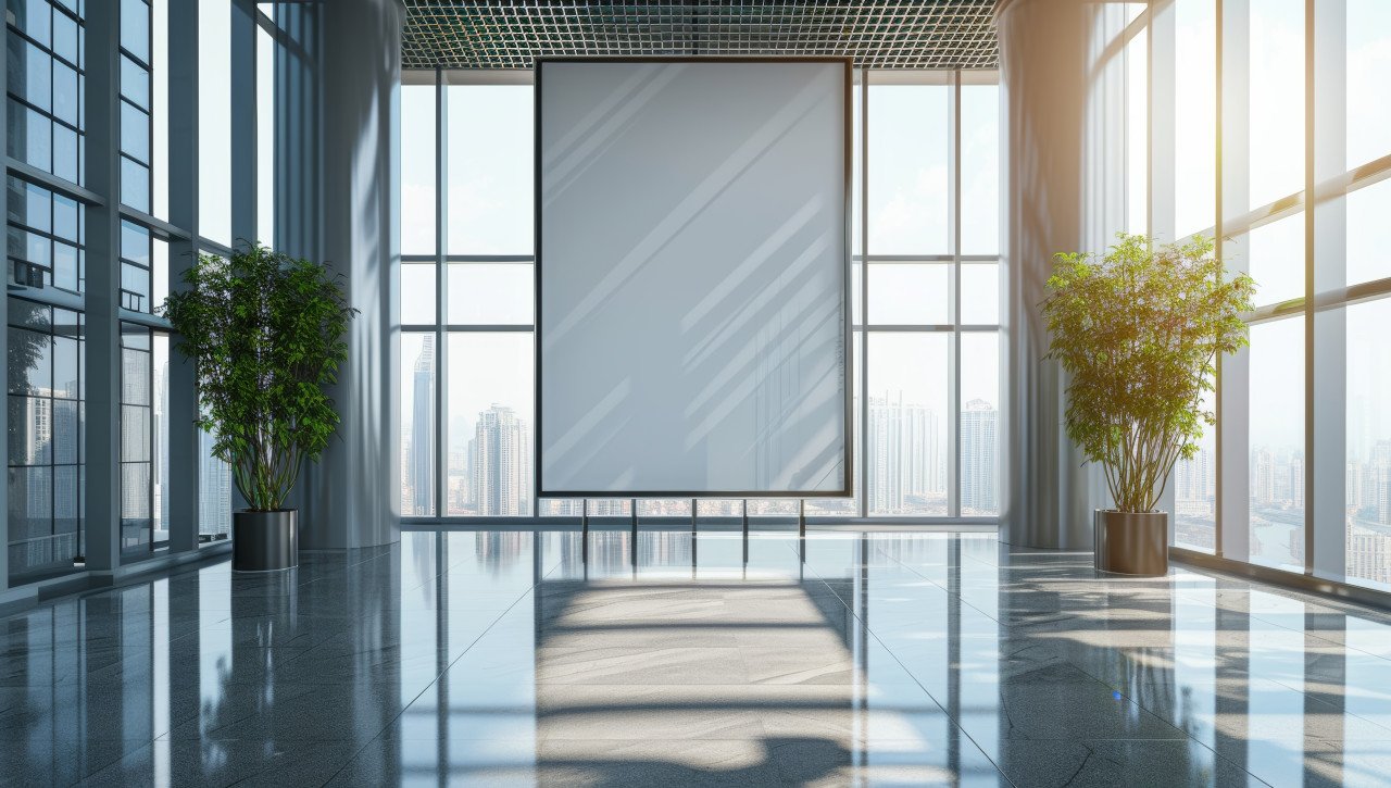 A towering billboard with vivid content is showcased through expansive glass windows