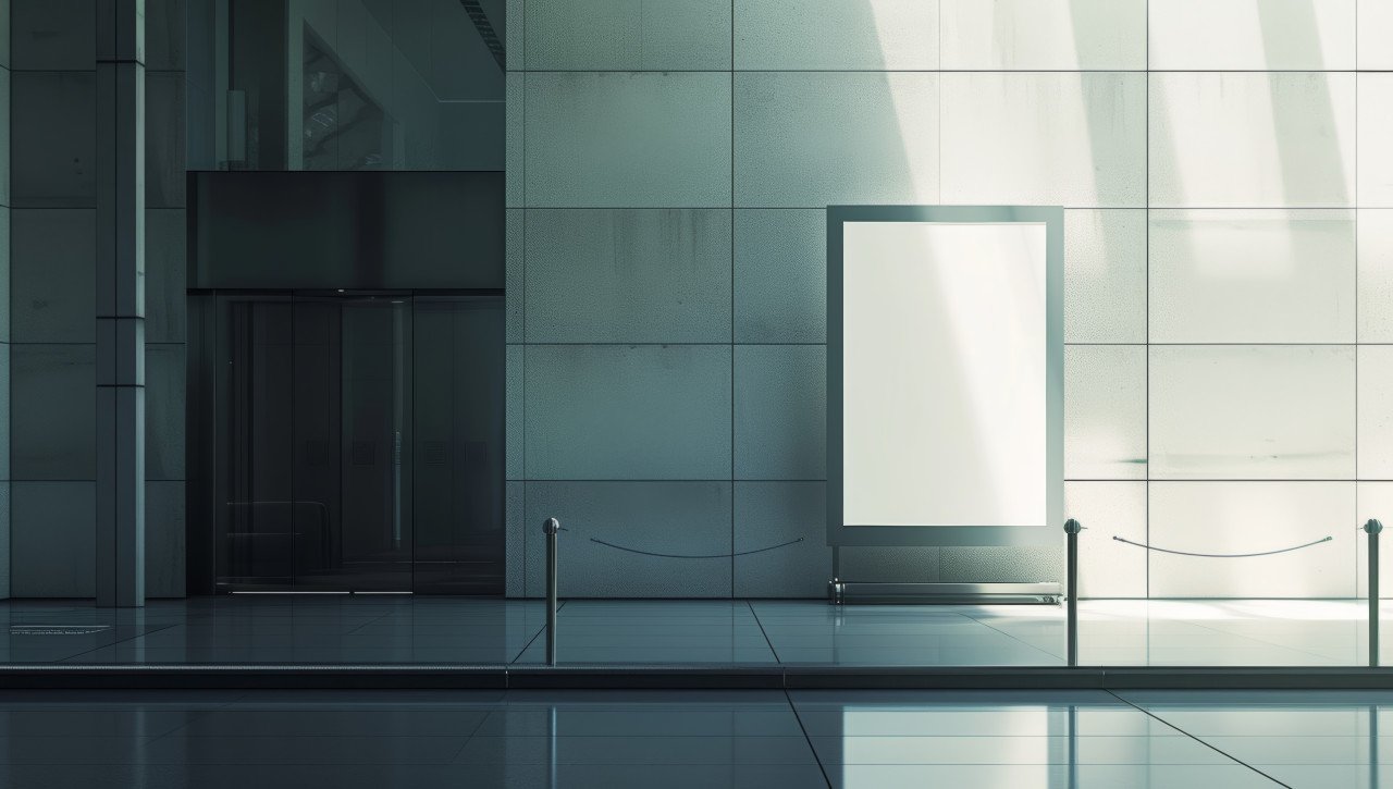 A conference room featuring empty commercial billboard stands